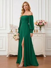 Elegant Dark Green Off-the-Shoulder Chiffon Gown with Lantern Sleeves