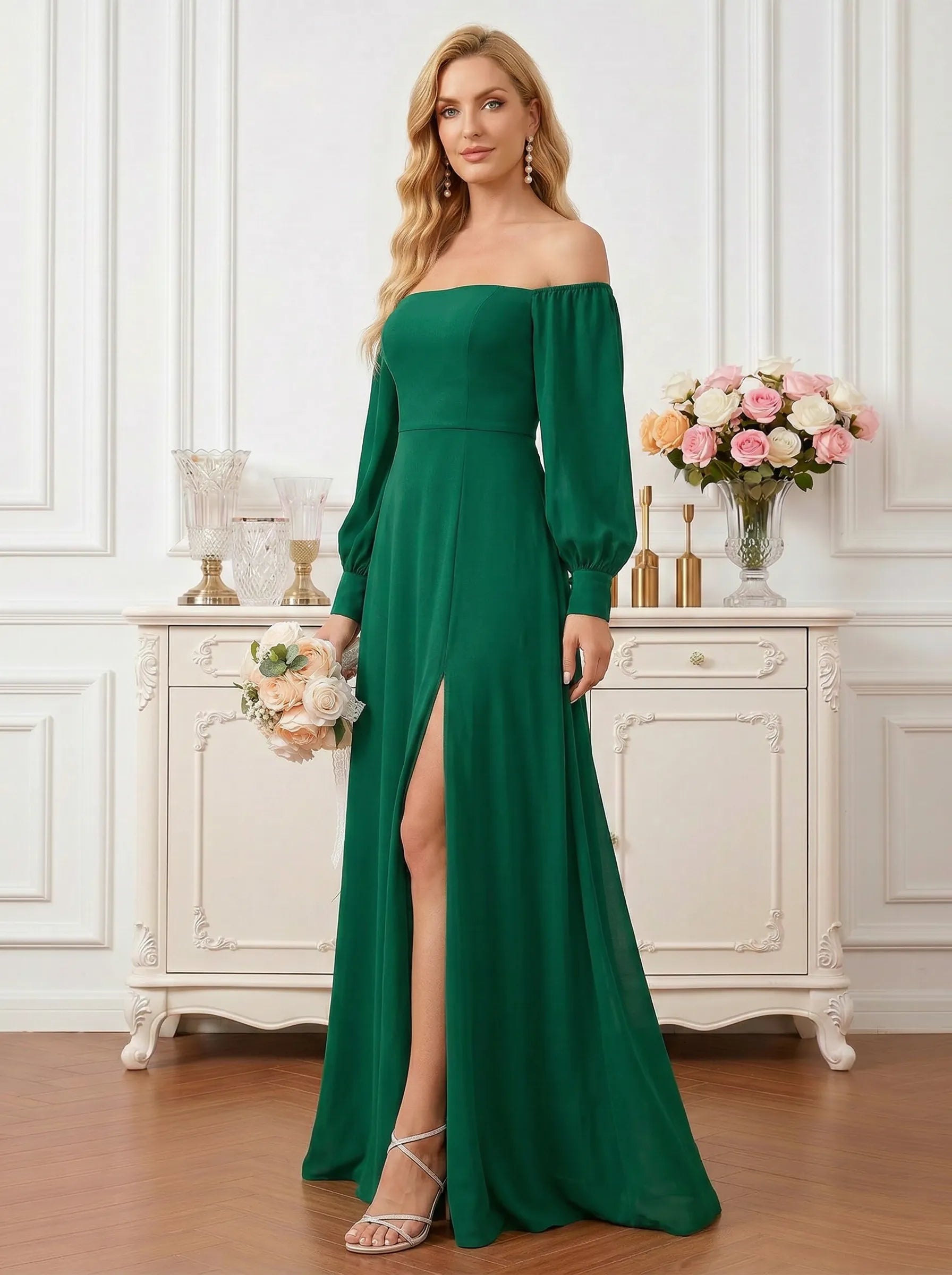 Elegant Dark Green Off-the-Shoulder Chiffon Gown with Lantern Sleeves