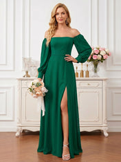 Elegant Dark Green Off-the-Shoulder Chiffon Gown with Lantern Sleeves