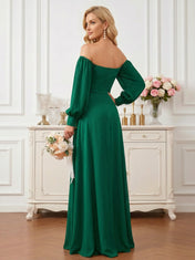 Elegant Dark Green Off-the-Shoulder Chiffon Gown with Lantern Sleeves