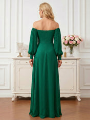 Elegant Dark Green Off-the-Shoulder Chiffon Gown with Lantern Sleeves
