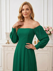 Elegant Dark Green Off-the-Shoulder Chiffon Gown with Lantern Sleeves