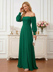 Elegant Dark Green Off-the-Shoulder Chiffon Gown with Lantern Sleeves