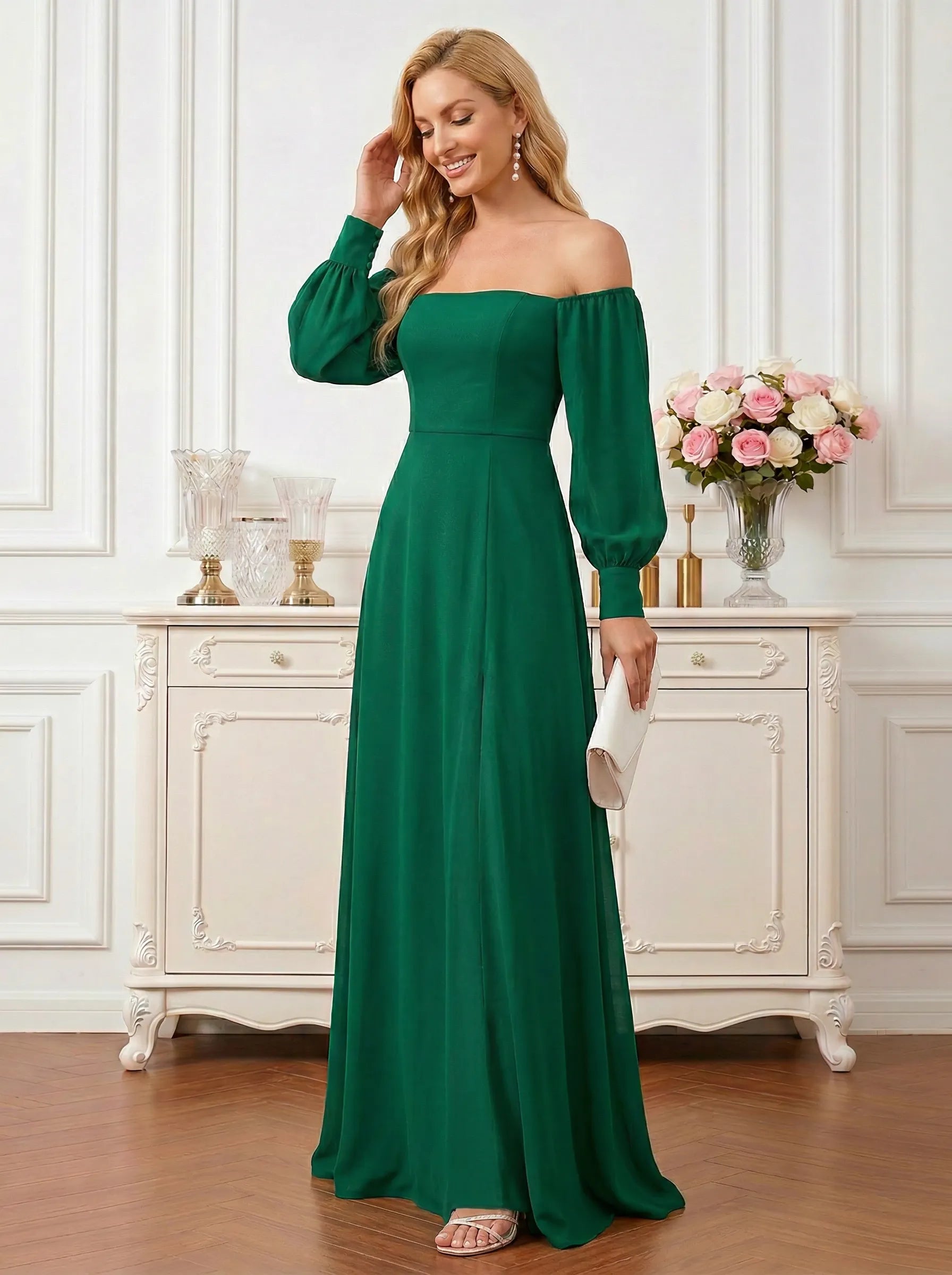 Elegant Dark Green Off-the-Shoulder Chiffon Gown with Lantern Sleeves