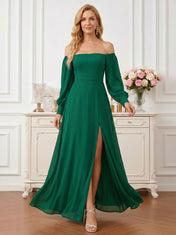 Elegant Dark Green Off-the-Shoulder Chiffon Gown with Lantern Sleeves
