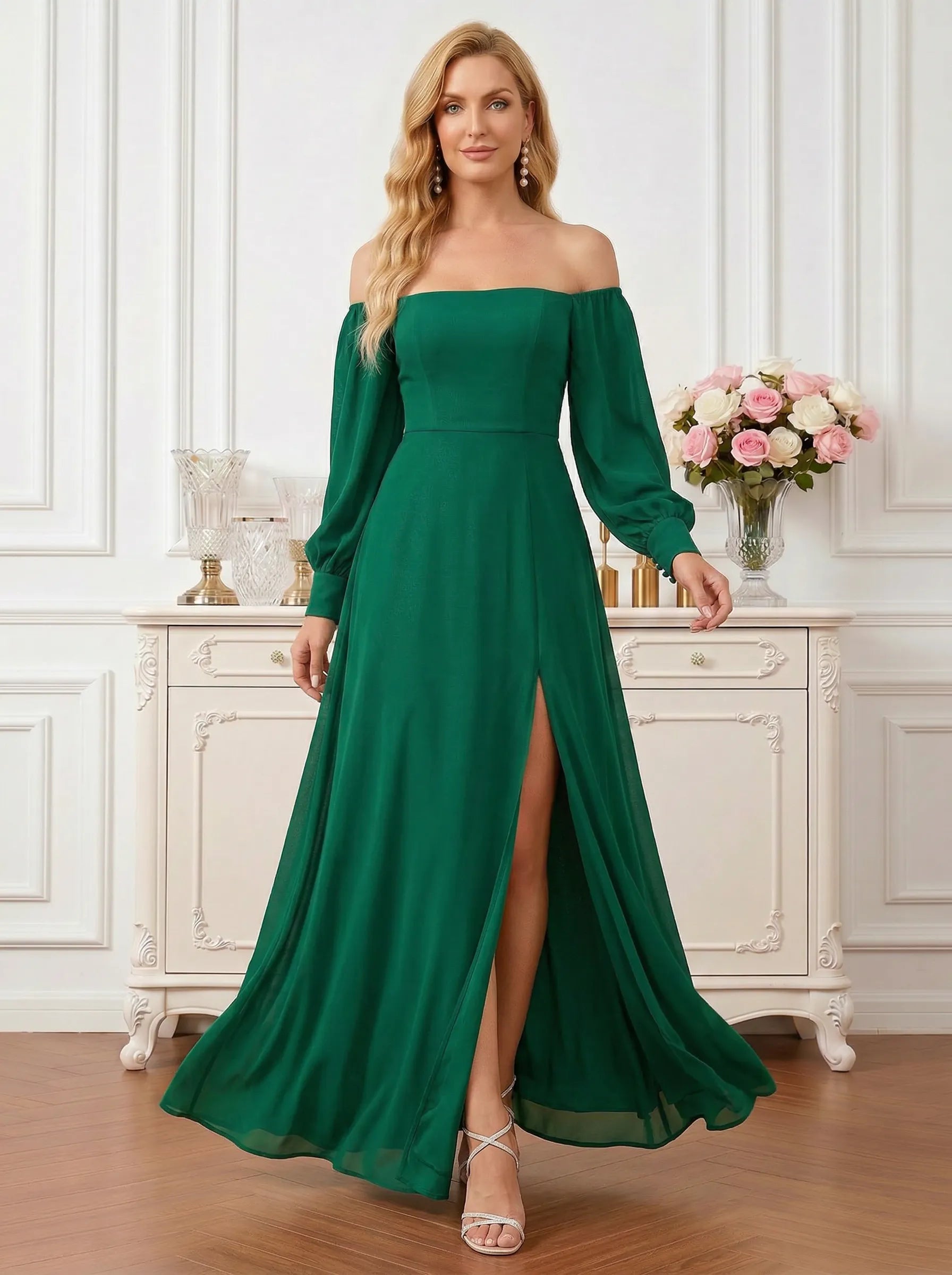 Elegant Dark Green Off-the-Shoulder Chiffon Gown with Lantern Sleeves