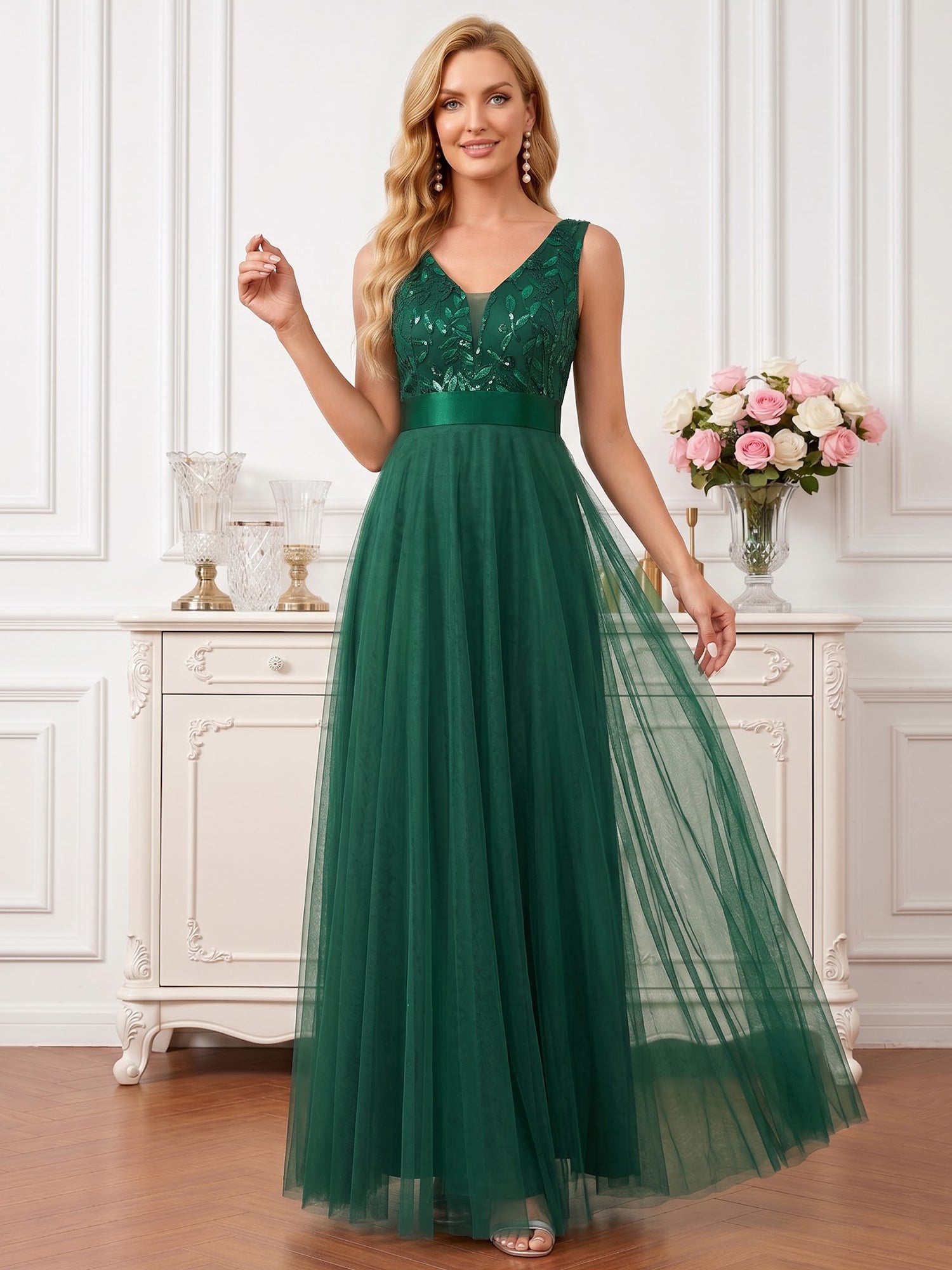 ElegantDarkGreenV-NeckTulleA-LineGownwithSequinVineBodiceandSatinSash_1.jpg