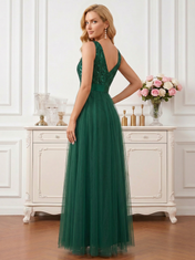 Elegant Dark Green V-Neck Tulle A-Line Gown with Sequin Vine Bodice and Satin Sash Mother of the Bride Dress