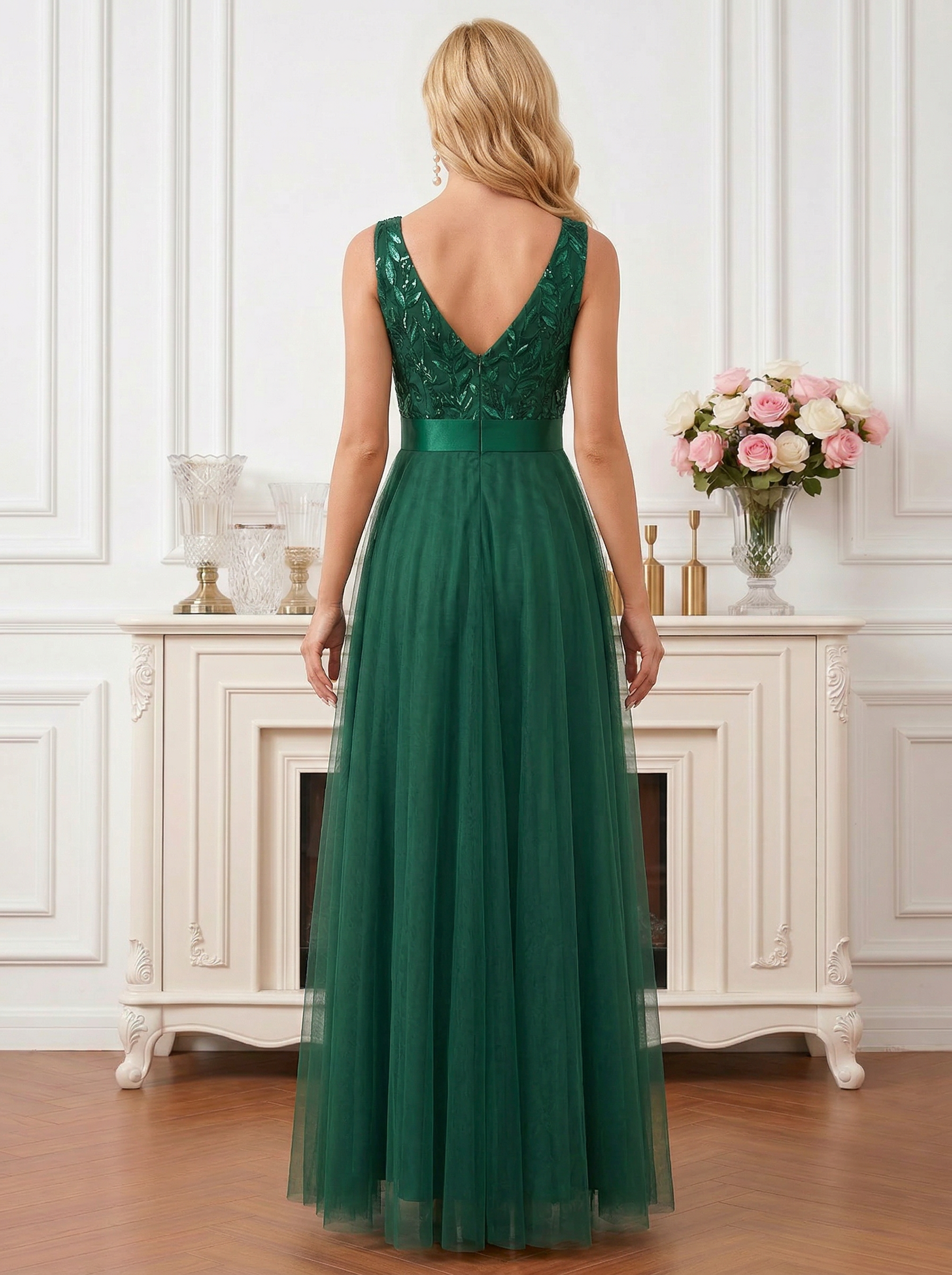 ElegantDarkGreenV-NeckTulleA-LineGownwithSequinVineBodiceandSatinSash_2.png
