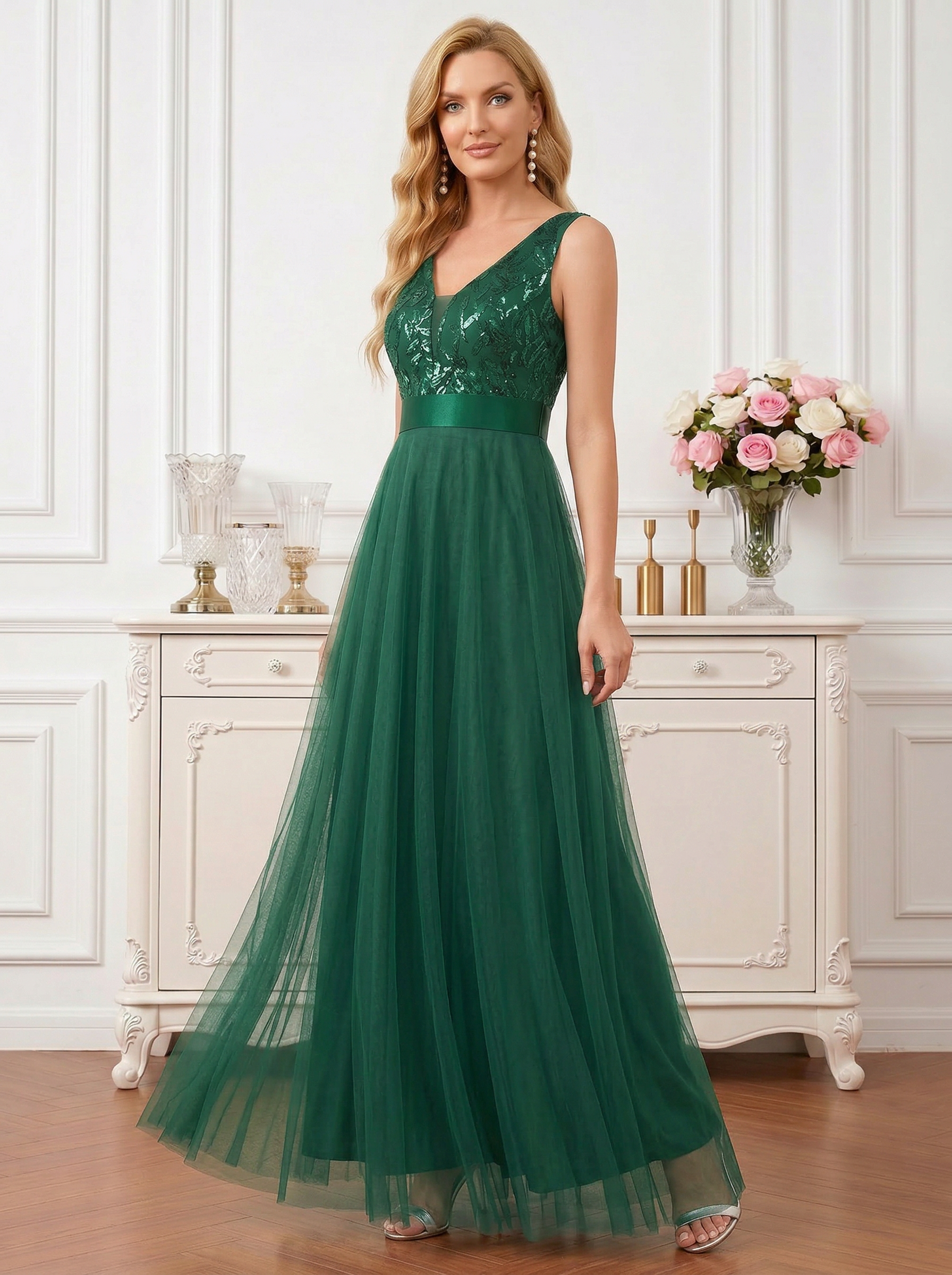 Elegant Dark Green V-Neck Tulle A-Line Gown with Sequin Vine Bodice and Satin Sash Mother of the Bride Dress