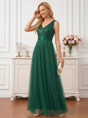 Elegant Dark Green V-Neck Tulle A-Line Gown with Sequin Vine Bodice and Satin Sash Mother of the Bride Dress