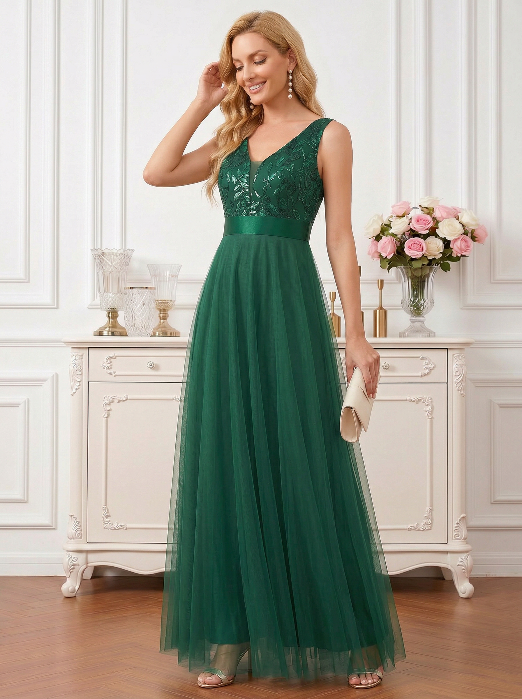 Elegant Dark Green V-Neck Tulle A-Line Gown with Sequin Vine Bodice and Satin Sash Mother of the Bride Dress