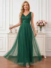 Elegant Dark Green V-Neck Tulle A-Line Gown with Sequin Vine Bodice and Satin Sash Mother of the Bride Dress