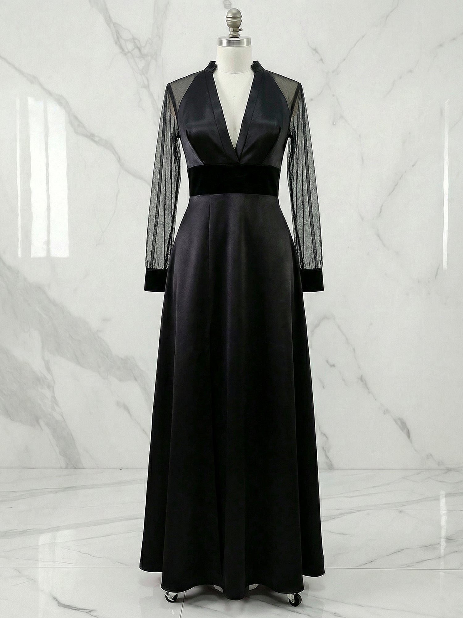 Elegant Formal Dress Black Satin Sheer-Sleeve High-Slit Evening Gown