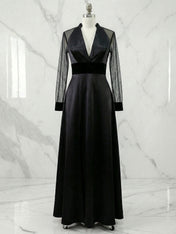 Elegant Formal Dress Black Satin Sheer-Sleeve High-Slit Evening Gown