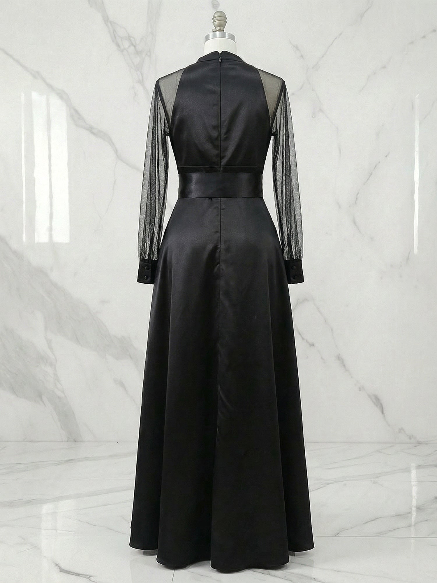 Elegant Formal Dress Black Satin Sheer-Sleeve High-Slit Evening Gown
