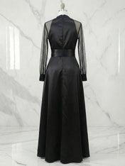 Elegant Formal Dress Black Satin Sheer-Sleeve High-Slit Evening Gown