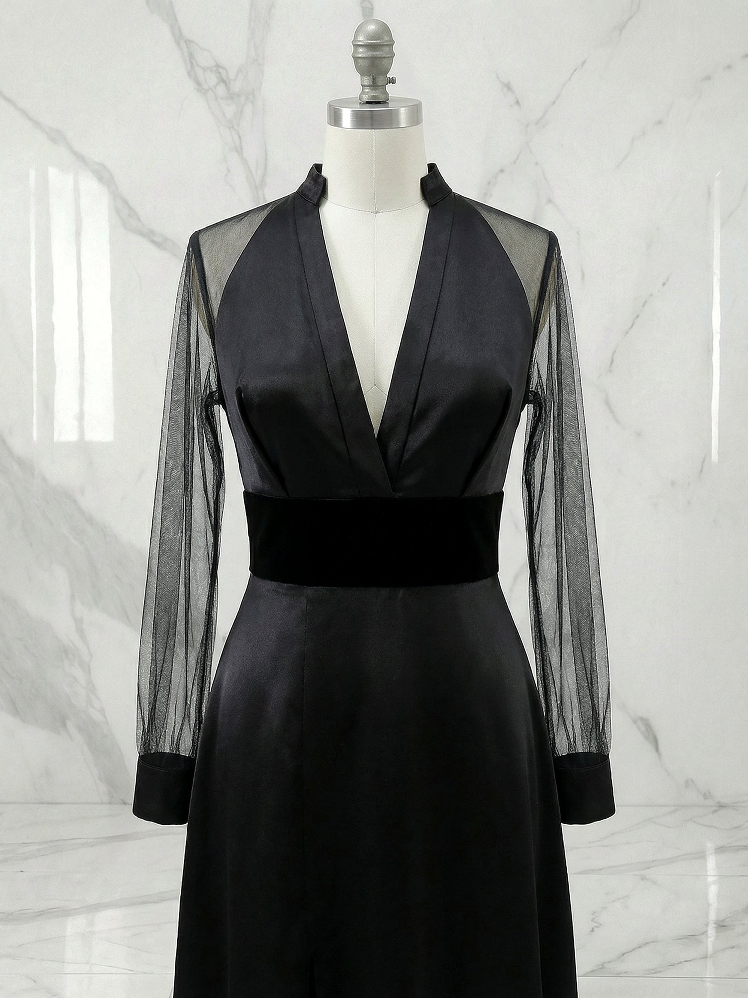 Elegant Formal Dress Black Satin Sheer-Sleeve High-Slit Evening Gown