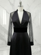 Elegant Formal Dress Black Satin Sheer-Sleeve High-Slit Evening Gown