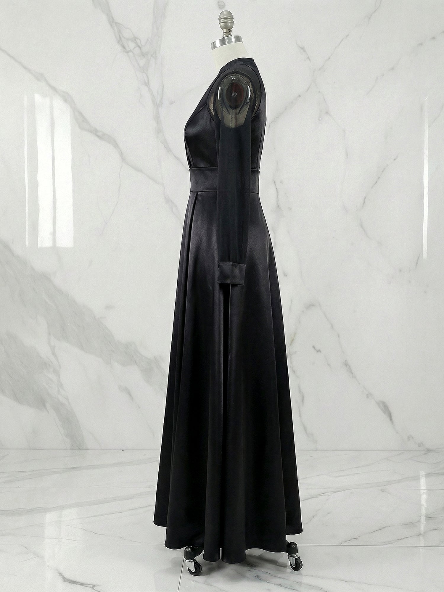 Elegant Formal Dress Black Satin Sheer-Sleeve High-Slit Evening Gown