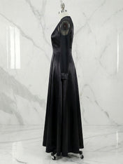 Elegant Formal Dress Black Satin Sheer-Sleeve High-Slit Evening Gown