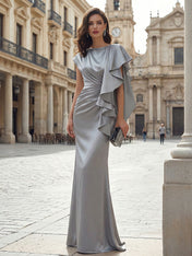 Elegant Formal Evening Dress Moonlight Silver Asymmetrical Ruffle Satin Gown