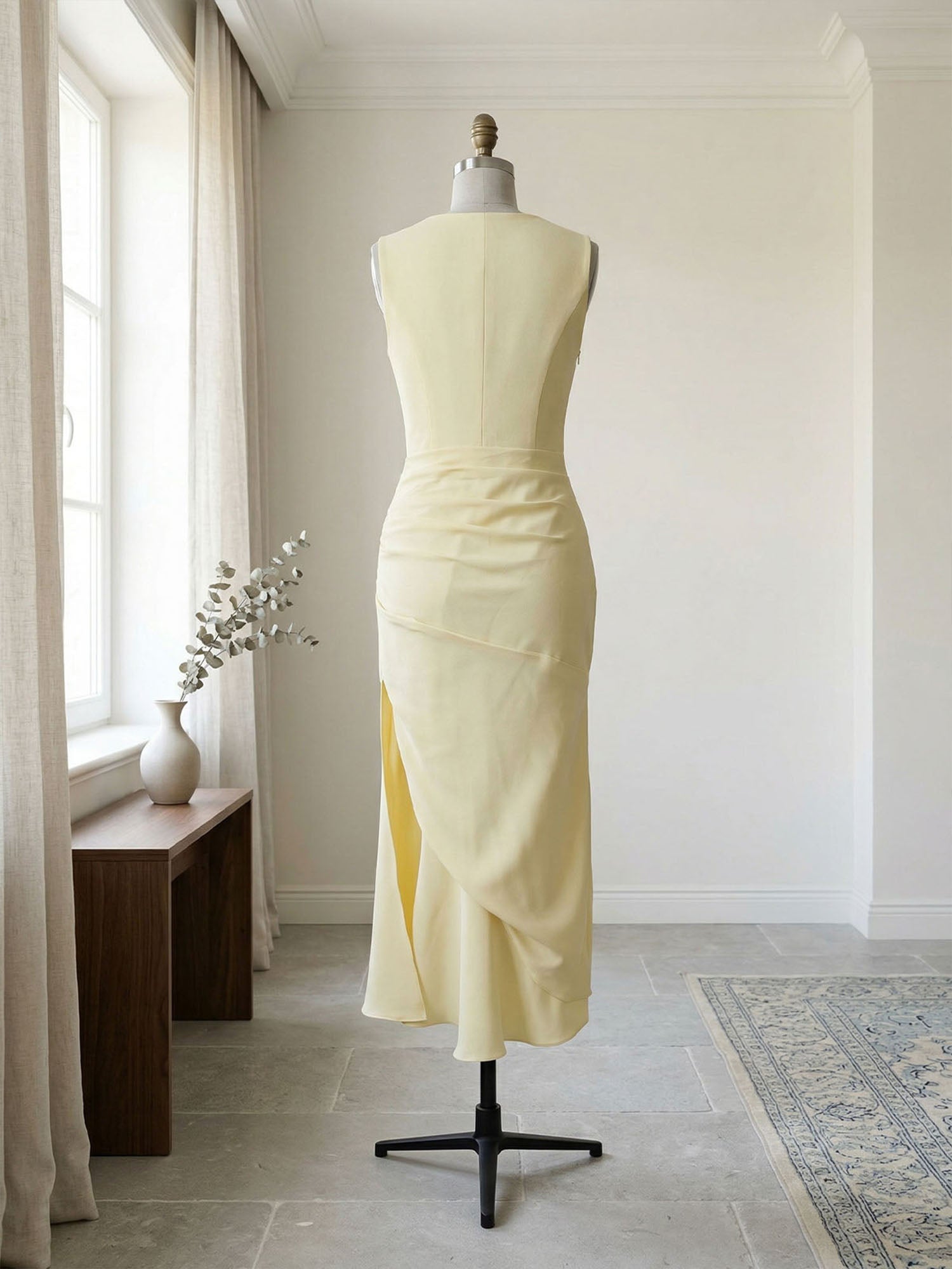 Elegant Formal Evening Gown Butter Yellow Ruched Asymmetrical Midi Dress