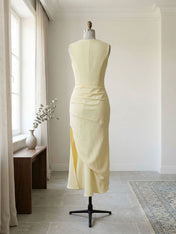 Elegant Formal Evening Gown Butter Yellow Ruched Asymmetrical Midi Dress
