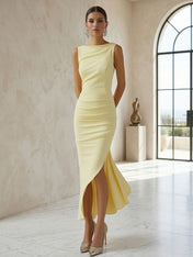 Elegant Formal Evening Gown Butter Yellow Ruched Asymmetrical Midi Dress