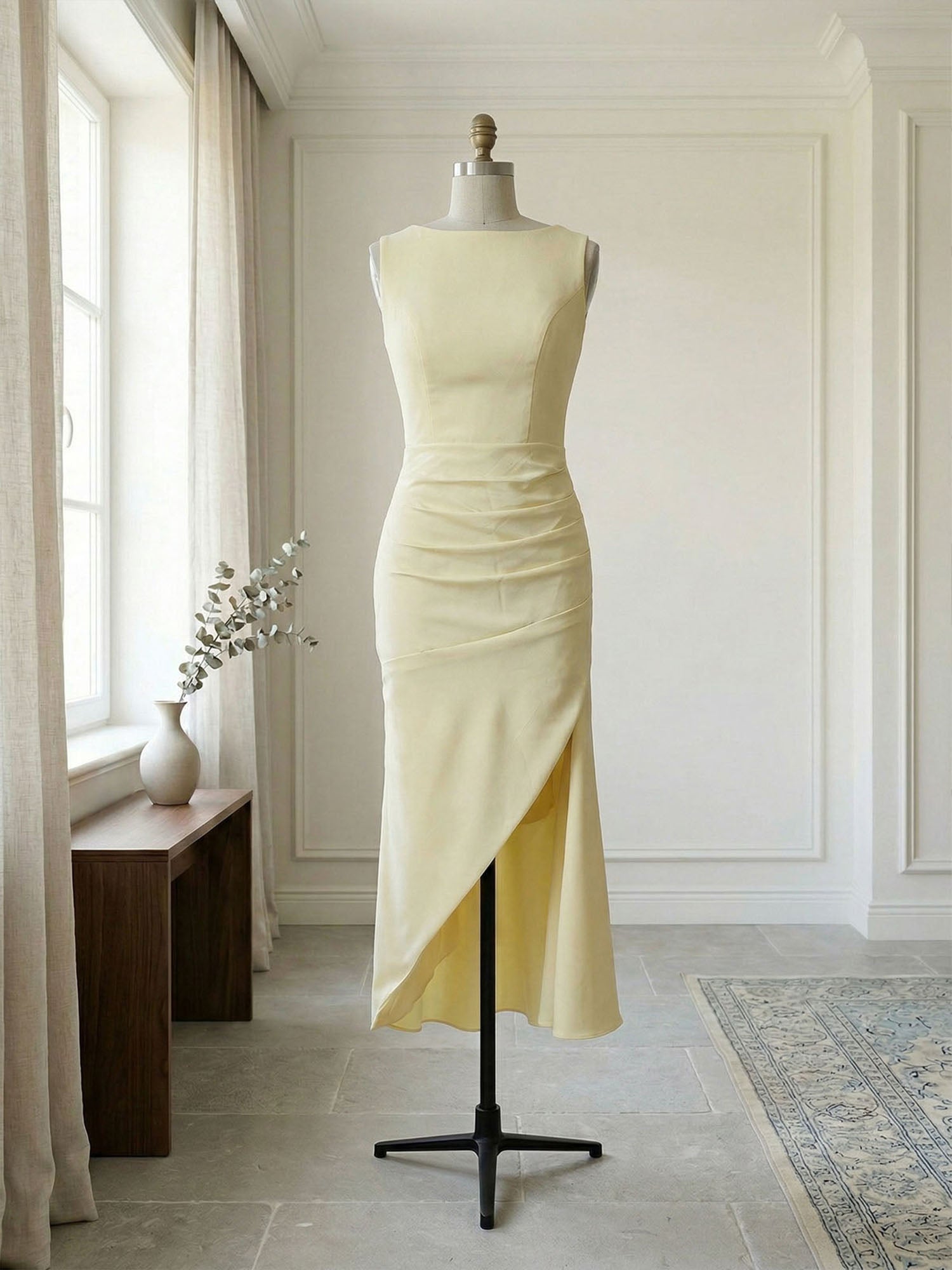 Elegant Formal Evening Gown Butter Yellow Ruched Asymmetrical Midi Dress