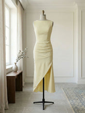 Elegant Formal Evening Gown Butter Yellow Ruched Asymmetrical Midi Dress
