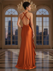 Elegant Halter Neck Satin Gown with Asymmetrical Ruched Bodice