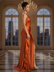 Elegant Halter Neck Satin Gown with Asymmetrical Ruched Bodice