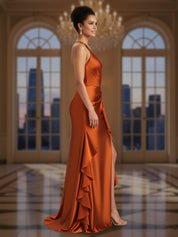 Elegant Halter Neck Satin Gown with Asymmetrical Ruched Bodice