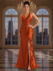 Elegant Halter Neck Satin Gown with Asymmetrical Ruched Bodice