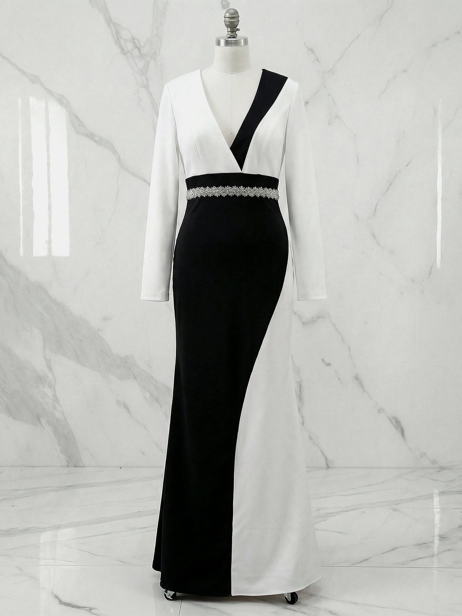 Elegant Maxi Dress Long Sleeves V-Neckline Colorblock Rhinestone Gown