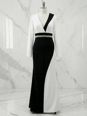 Elegant Maxi Dress Long Sleeves V-Neckline Colorblock Rhinestone Gown