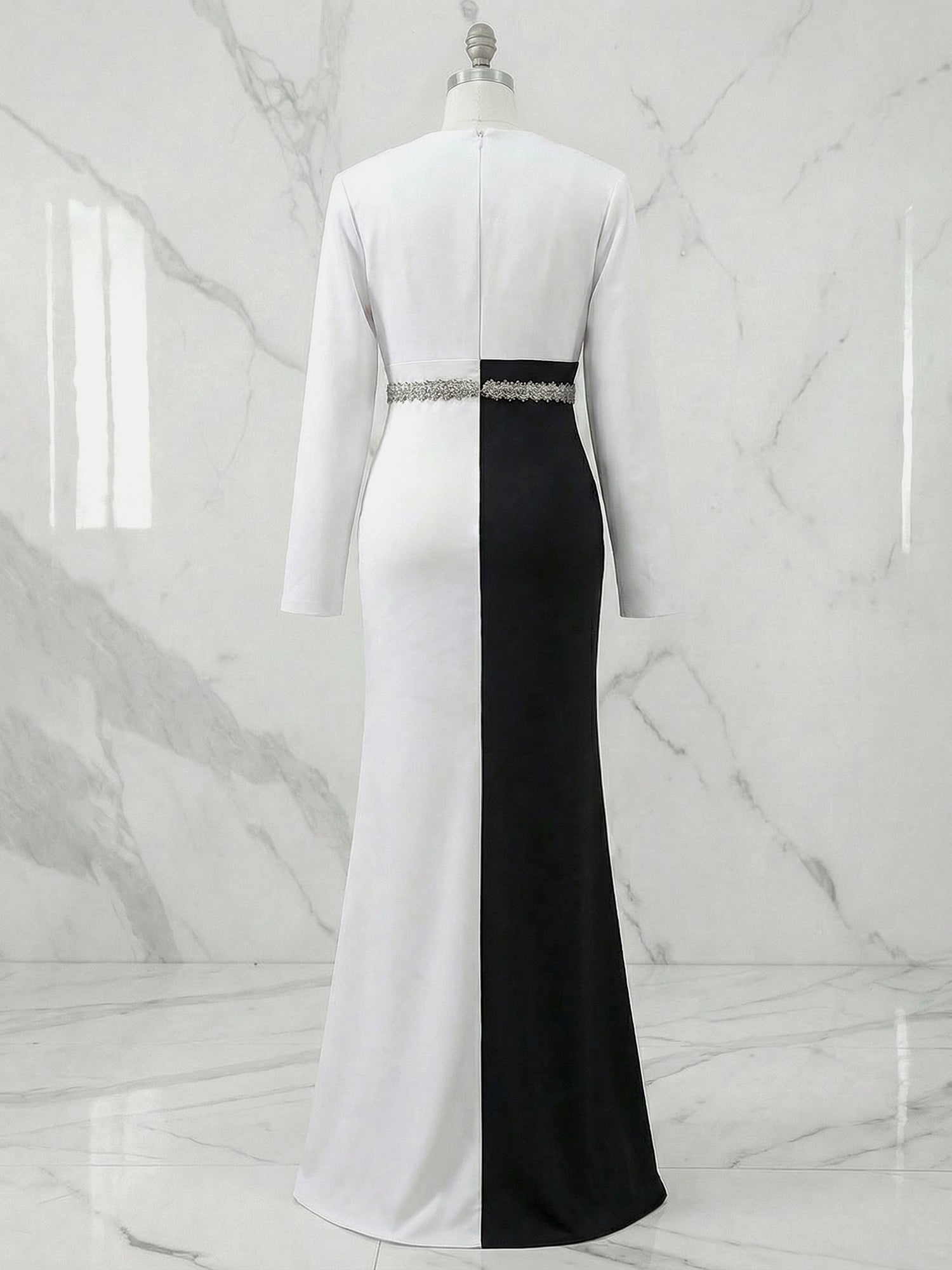 Elegant Maxi Dress Long Sleeves V-Neckline Colorblock Rhinestone Gown