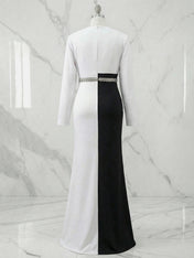 Elegant Maxi Dress Long Sleeves V-Neckline Colorblock Rhinestone Gown