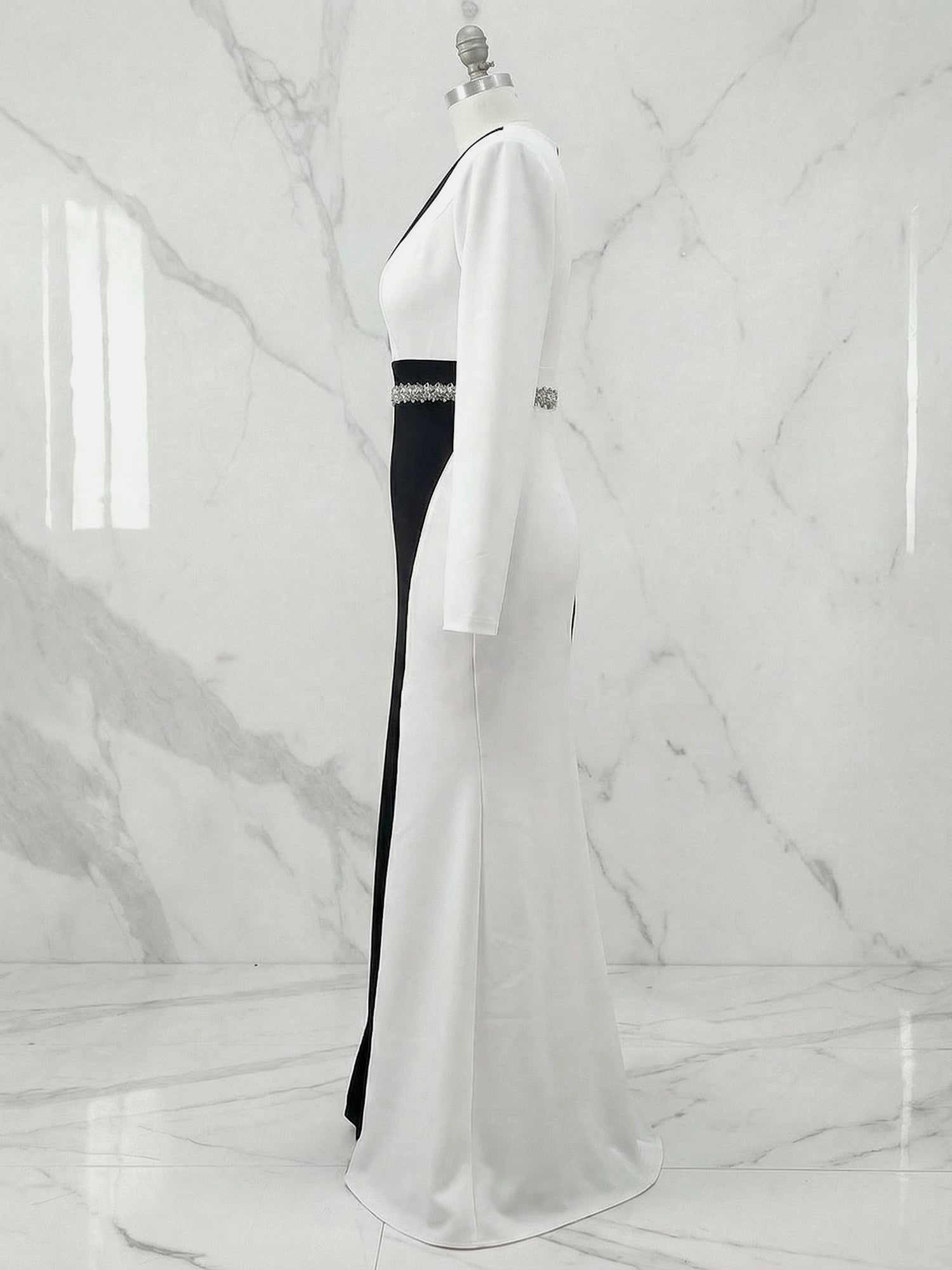 Elegant Maxi Dress Long Sleeves V-Neckline Colorblock Rhinestone Gown