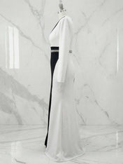 Elegant Maxi Dress Long Sleeves V-Neckline Colorblock Rhinestone Gown