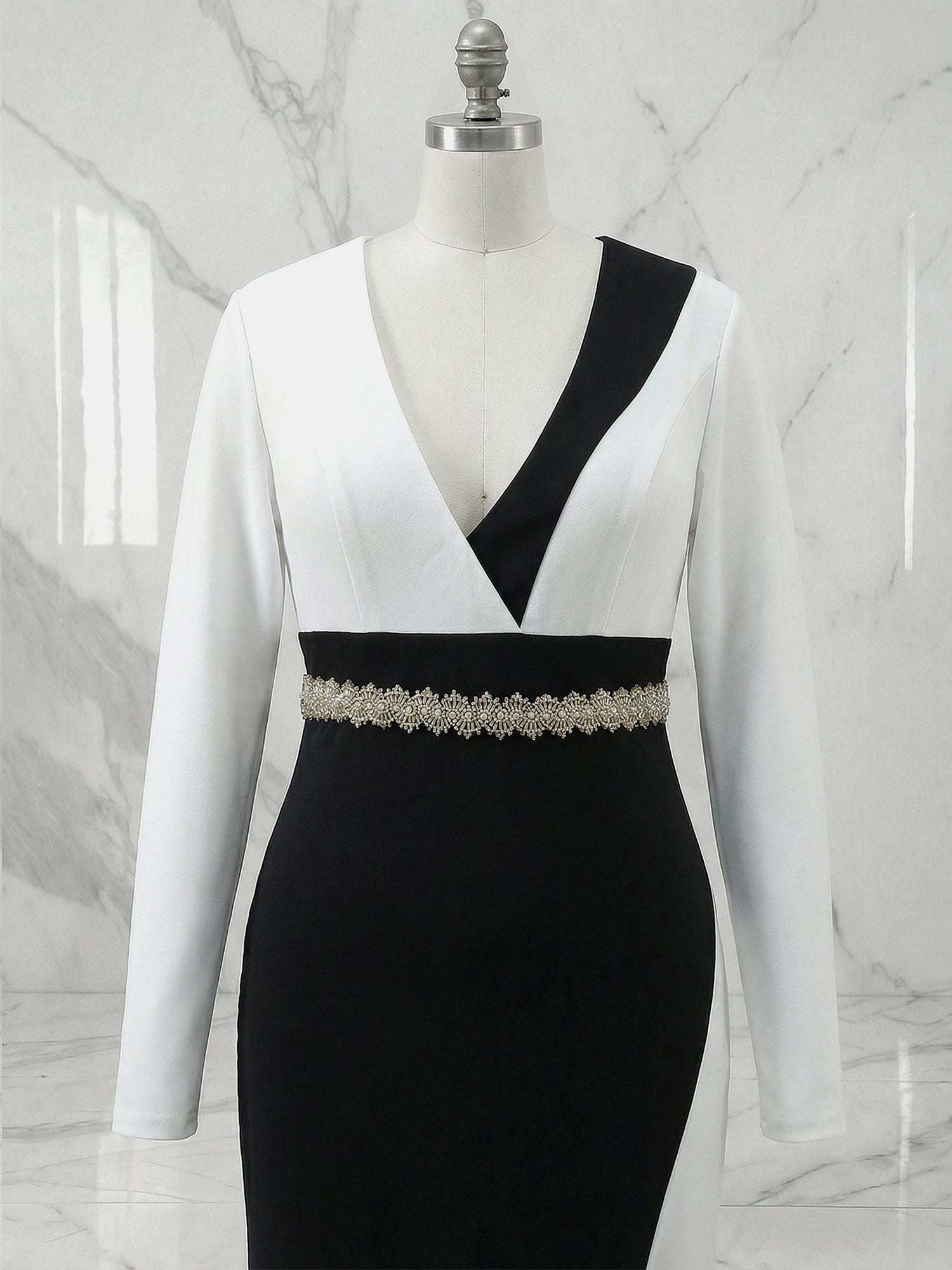 Elegant Maxi Dress Long Sleeves V-Neckline Colorblock Rhinestone Gown