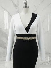Elegant Maxi Dress Long Sleeves V-Neckline Colorblock Rhinestone Gown