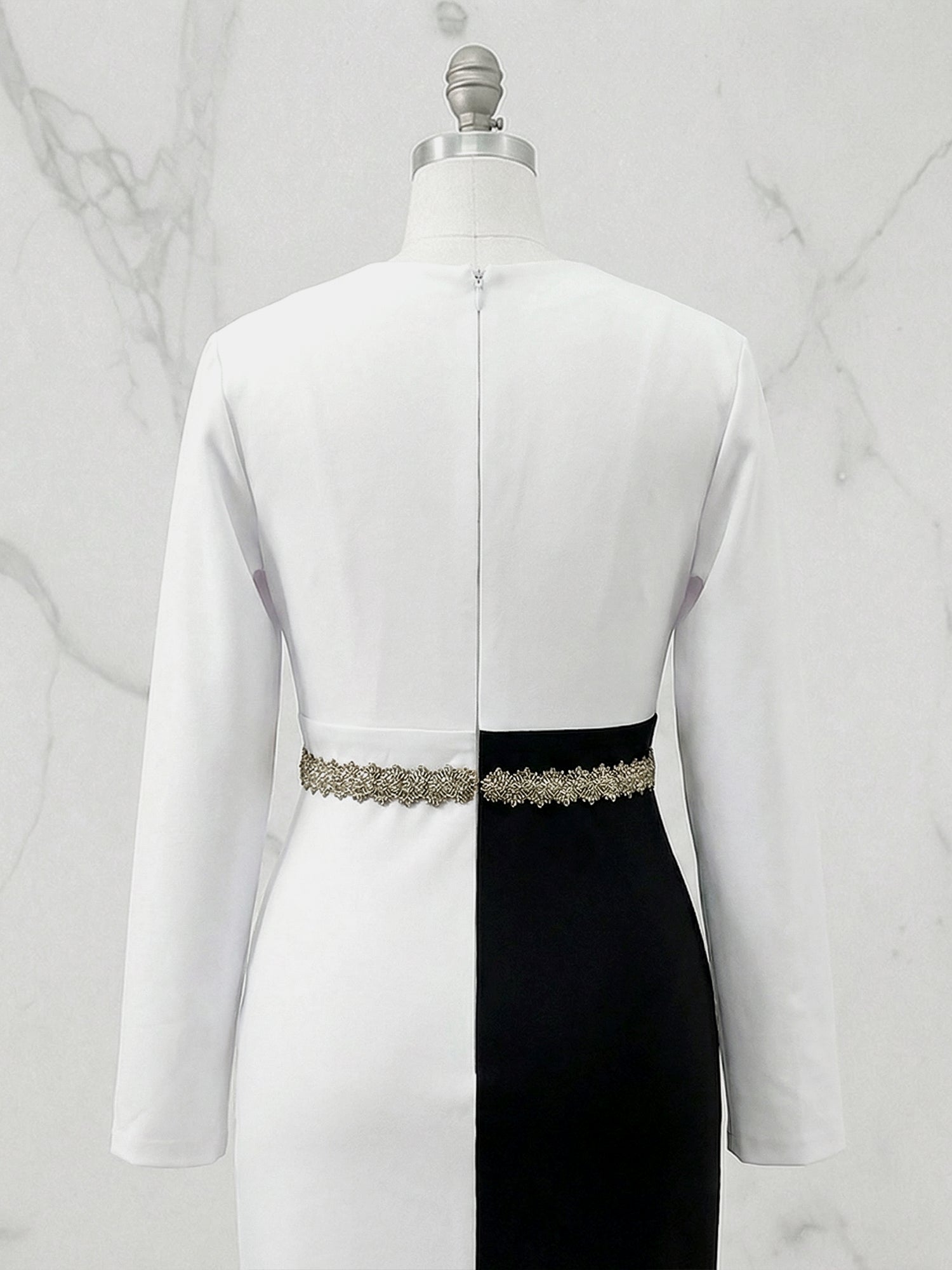 Elegant Maxi Dress Long Sleeves V-Neckline Colorblock Rhinestone Gown