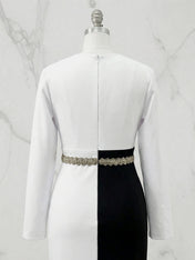 Elegant Maxi Dress Long Sleeves V-Neckline Colorblock Rhinestone Gown