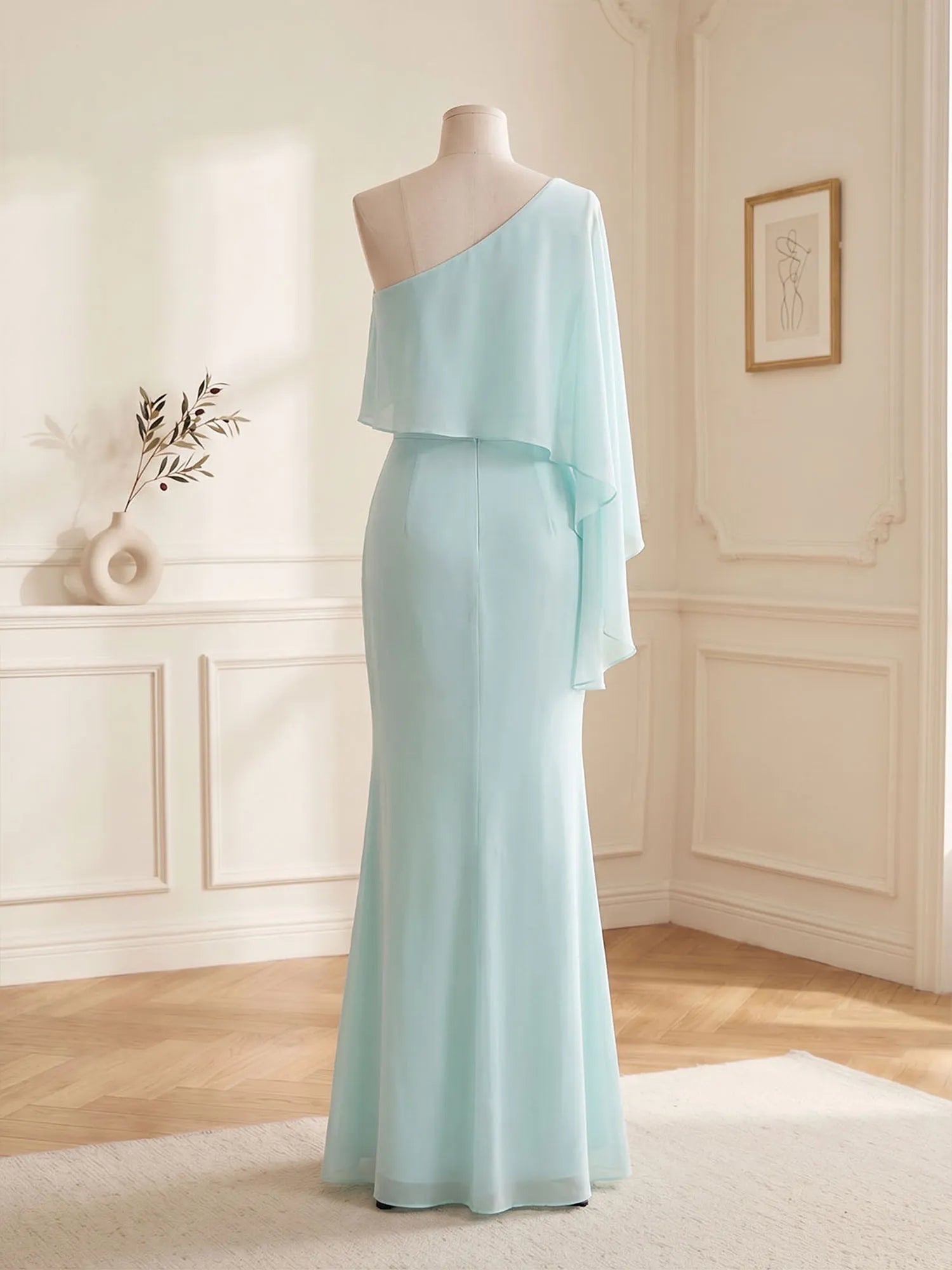 Elegant Mint Green One-Shoulder Chiffon Mermaid Formal Evening Dress with Cape and Ruffles