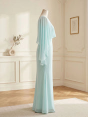 Elegant Mint Green One-Shoulder Chiffon Mermaid Formal Evening Dress with Cape and Ruffles