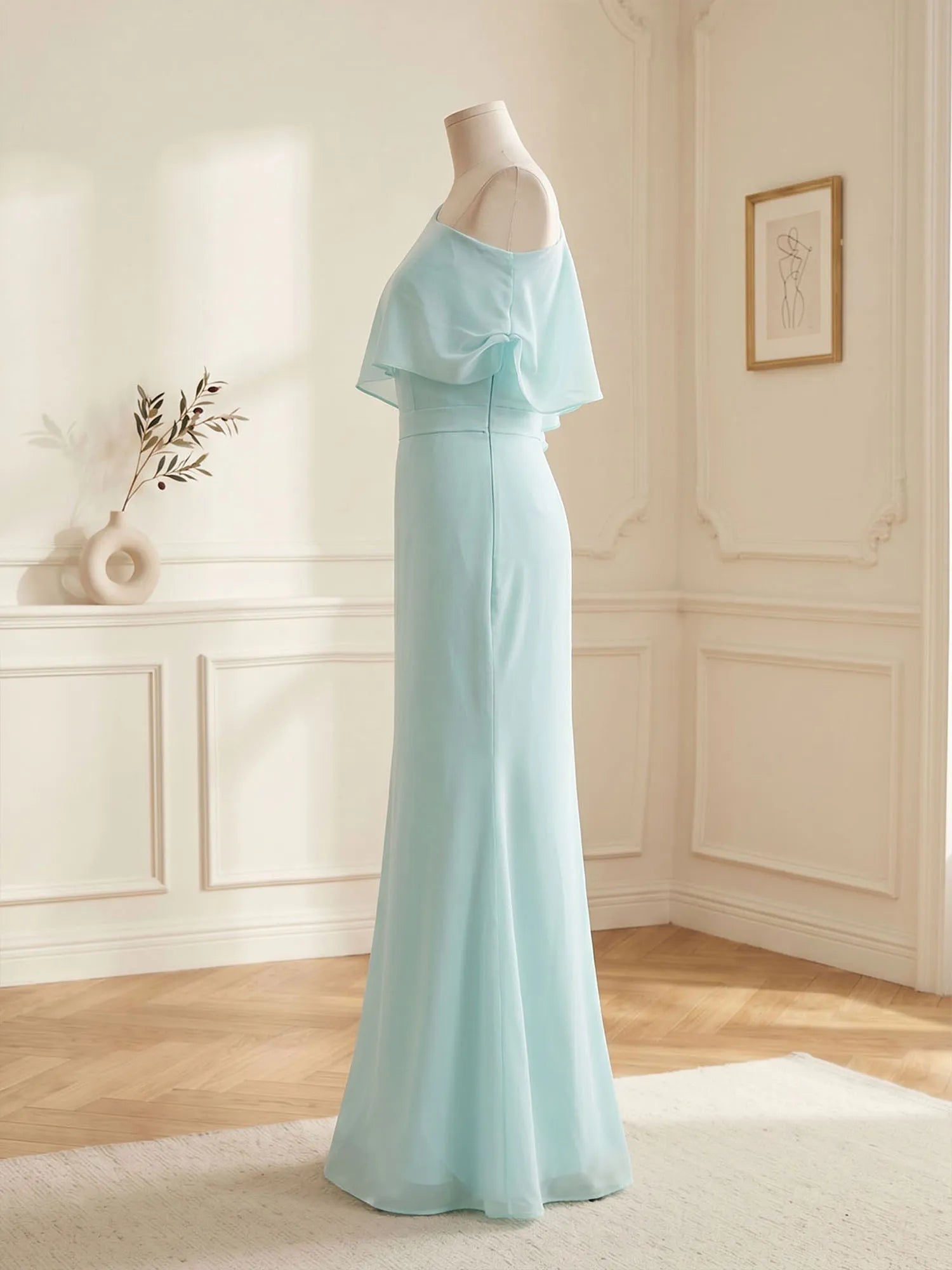Elegant Mint Green One-Shoulder Chiffon Mermaid Formal Evening Dress with Cape and Ruffles