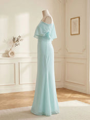 Elegant Mint Green One-Shoulder Chiffon Mermaid Formal Evening Dress with Cape and Ruffles