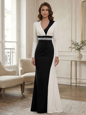 Elegant Navy & White Color-Block Long Sleeve Floor-Length Evening Gown Formal Dresses